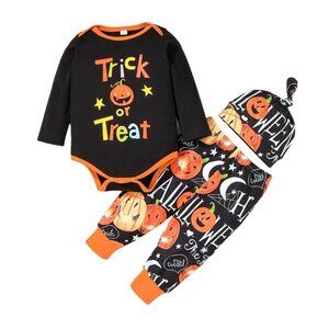 Pumpkin Trick Or Treat Print Tops And Pants With Hat Halloween Three Piece- New